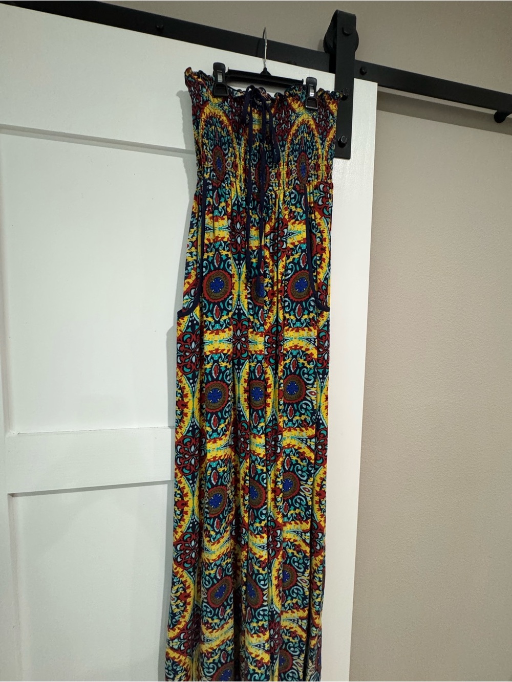 Band of Gypsies Strapless Maxi Dress in Yellow, Blue & Red Boho Print
